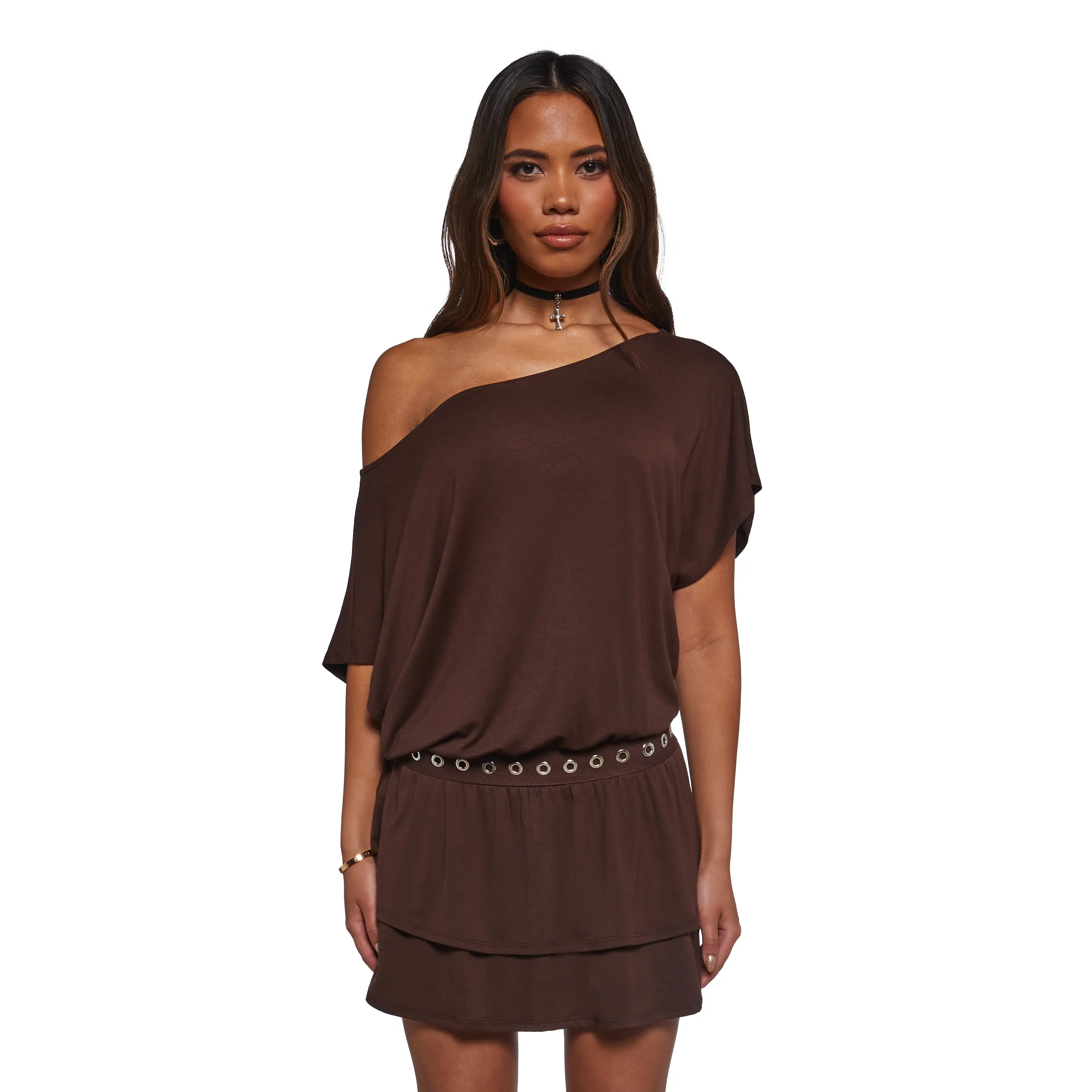Club Time Off The Shoulder Dress - Brown