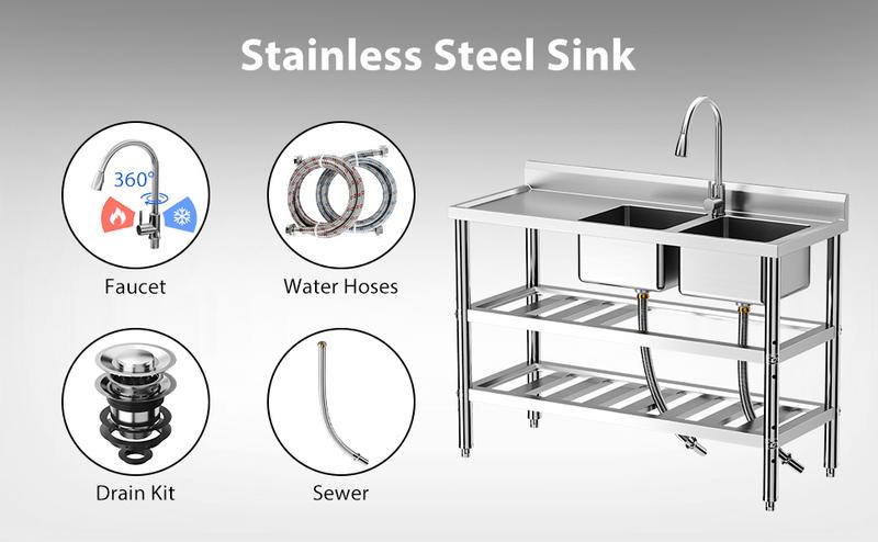 【Restock Sale】GARVEE Free Standing Commercial Kitchen Sink, Stainless Steel Utility Sink with Hot & Cold Hoses, Stainless Steel Double Bowl Utility Sink Set for Garage, Restaurant, Kitchen, Outdoor
