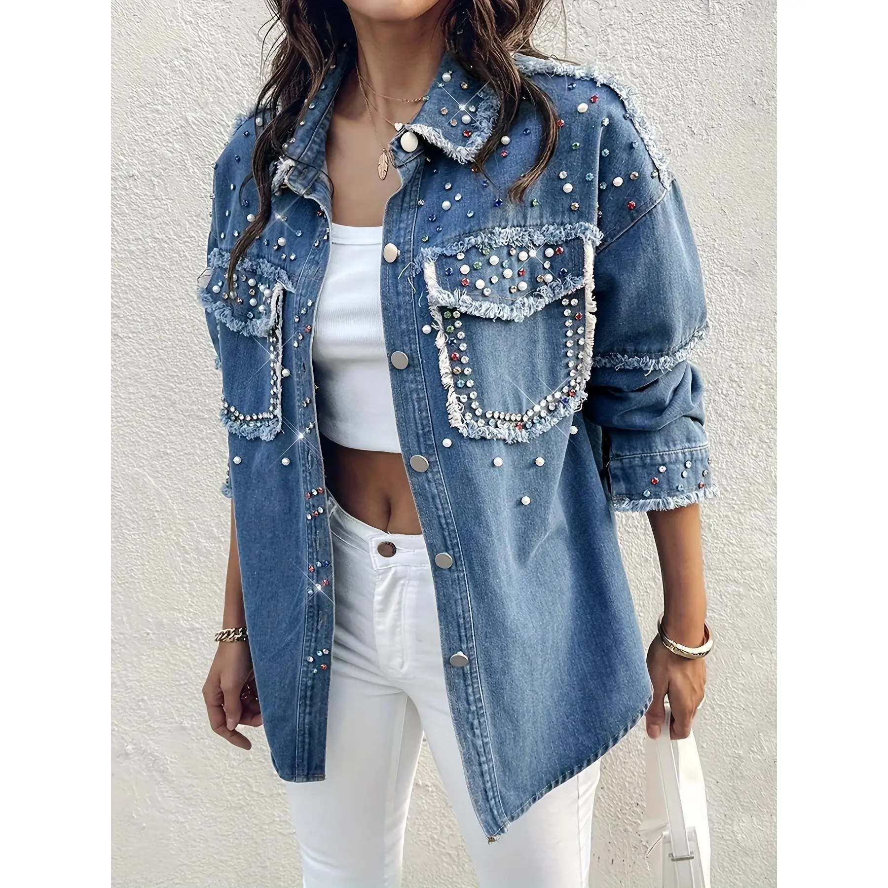 [Rhinestone Jacket] Denim Jacket Women | Long Sleeve | Oversize | Colorful Rhinestone, Fringe Detail, Pocket | Front Button