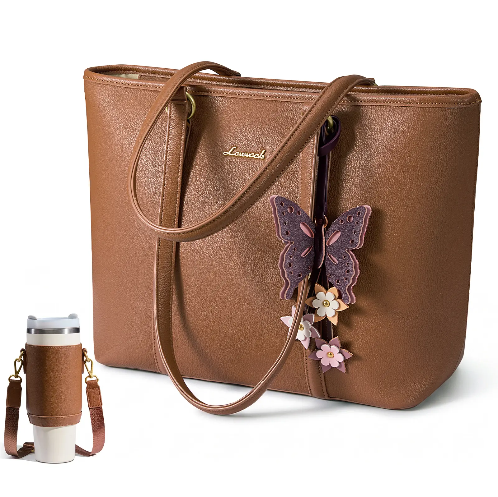 LOVEVOOK PU Leather Tote Bags for Women,Top Handle Satchel Purses Handbag Shoulder Bag | Butterfly Pendant,Water Bottle Carrier Bag,Standable,Lightweight,Top Zipper Closure,Perfect for Work Travel Casual,Great Gift