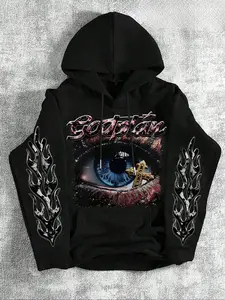 Unisex American Dark Religion Aesthetic Hoodie, Godplan Full View Eye Cross Print, Blue Color Block, Flame Decoration, Casual Fitted Top