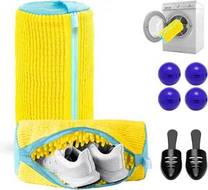 2PCS Shoe Washing Machine Bag with Pair of Shoes Tree and 4 Deodorizer Balls, Durable Zipper Reusable Shoe Washing Bag with 20000+ Fluffy Fiber Lining For 360° Cleaning for Sneakers