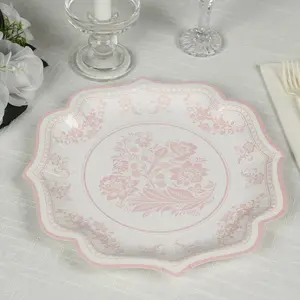 25-Pack Paper Dinner Plates 10" White Pink Damask Floral Pattern & Scallop Rim - 300GSM Disposable Floral Party Plates