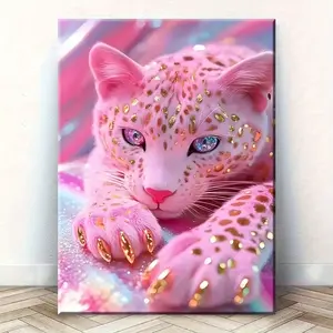 Pink Leopard Print Canvas Art with Gold Dots Vibrant Wall Decoration for Home Office or Party Hangable Traditional and Modern Style Bedroom Wall Decor Whimsical Animal Art