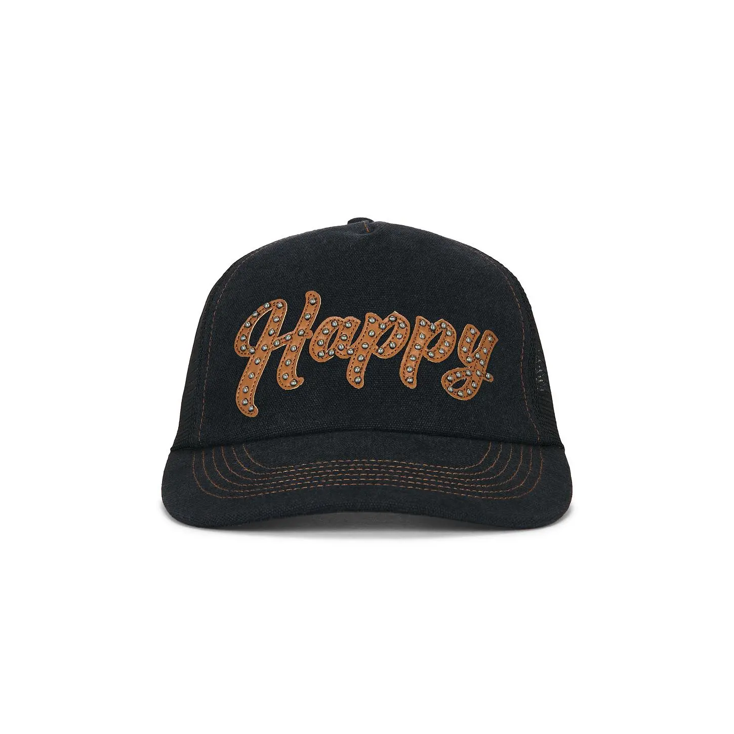 Happy Caps Leather Studded Script Meshback in Black