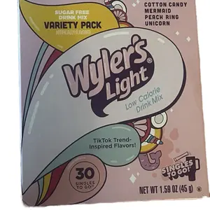 Wylers Light Sugar Free Drink Mix Variety Pack with Cotton Candy Mermaid Peach Ring Unicorn Flavors 30 Singles to Go Low Calorie