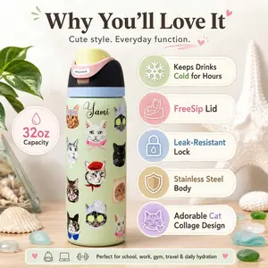 Owala FreeSip 32 oz Water Bottle Cute Cat Design Vacuum Insulated Stainless Steel Sports Bottle Leakproof Lid