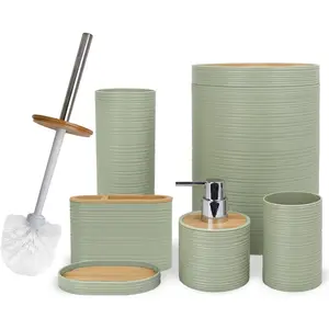Bathroom Accessories Set 6 Piece Bamboo Bath Ensemble Includes Soap Dispenser, Toothbrush Holder, Toothbrush Cup, Soap Dish for Decorative Countertop and Housewarming Gift, Sriral Green