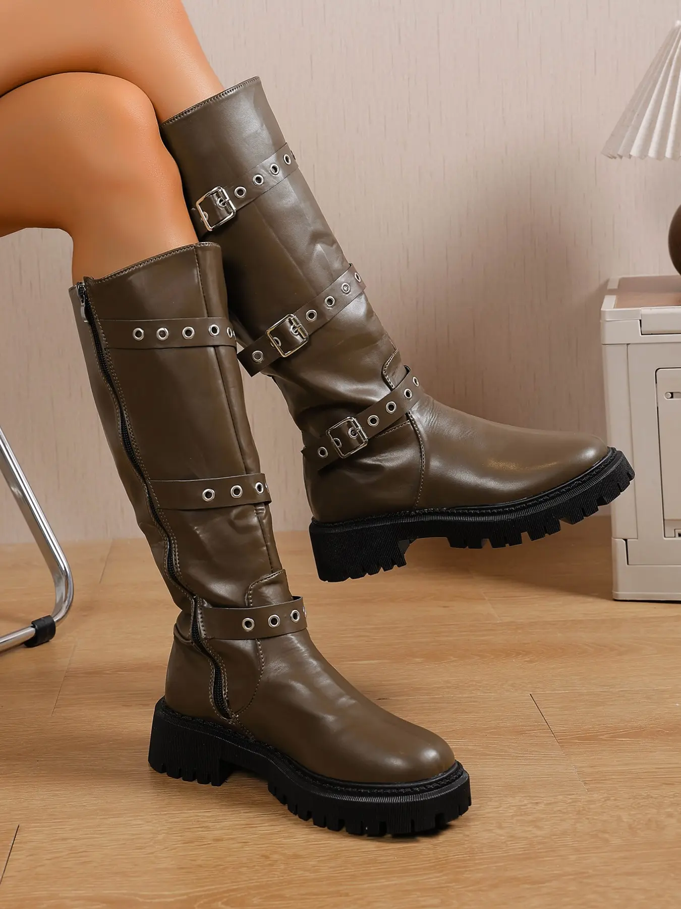 Women's Vintage Western Boots, Thick Sole Mid-Calf High Heel Riding Boots, Zipper Closure Round Toe Platform Design, Fashionable Women's Walking Shoes