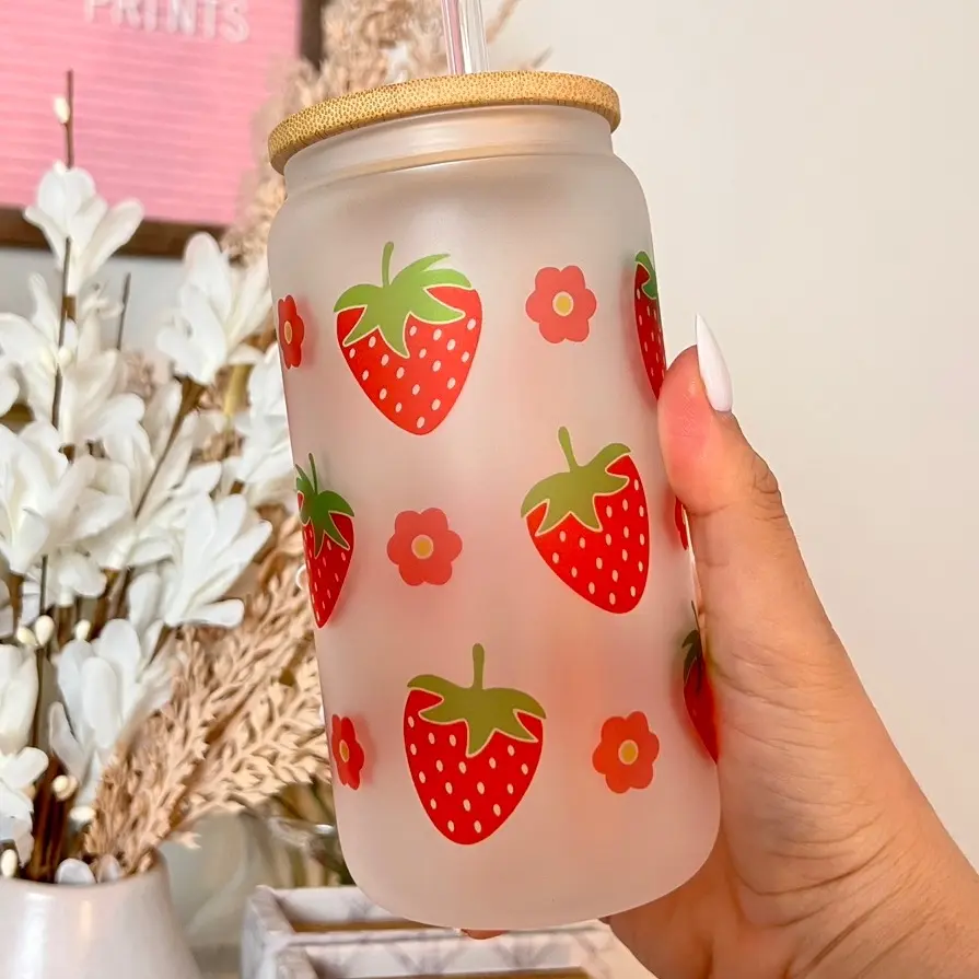 Strawberry and Daisy Frosted Glass Cup, Includes Straw and Lid