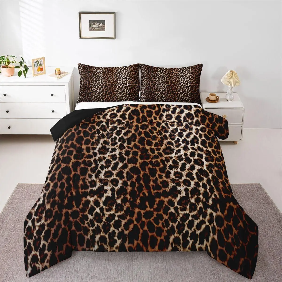 Black Brown Leopard Print Comforter Cheetah Print Comforter Set Africa Animal Wildlife Bedding Set for Boys Girls Kids Men Women Room Decor Luxury Safari Lightweight Duvet Set Quilt Set