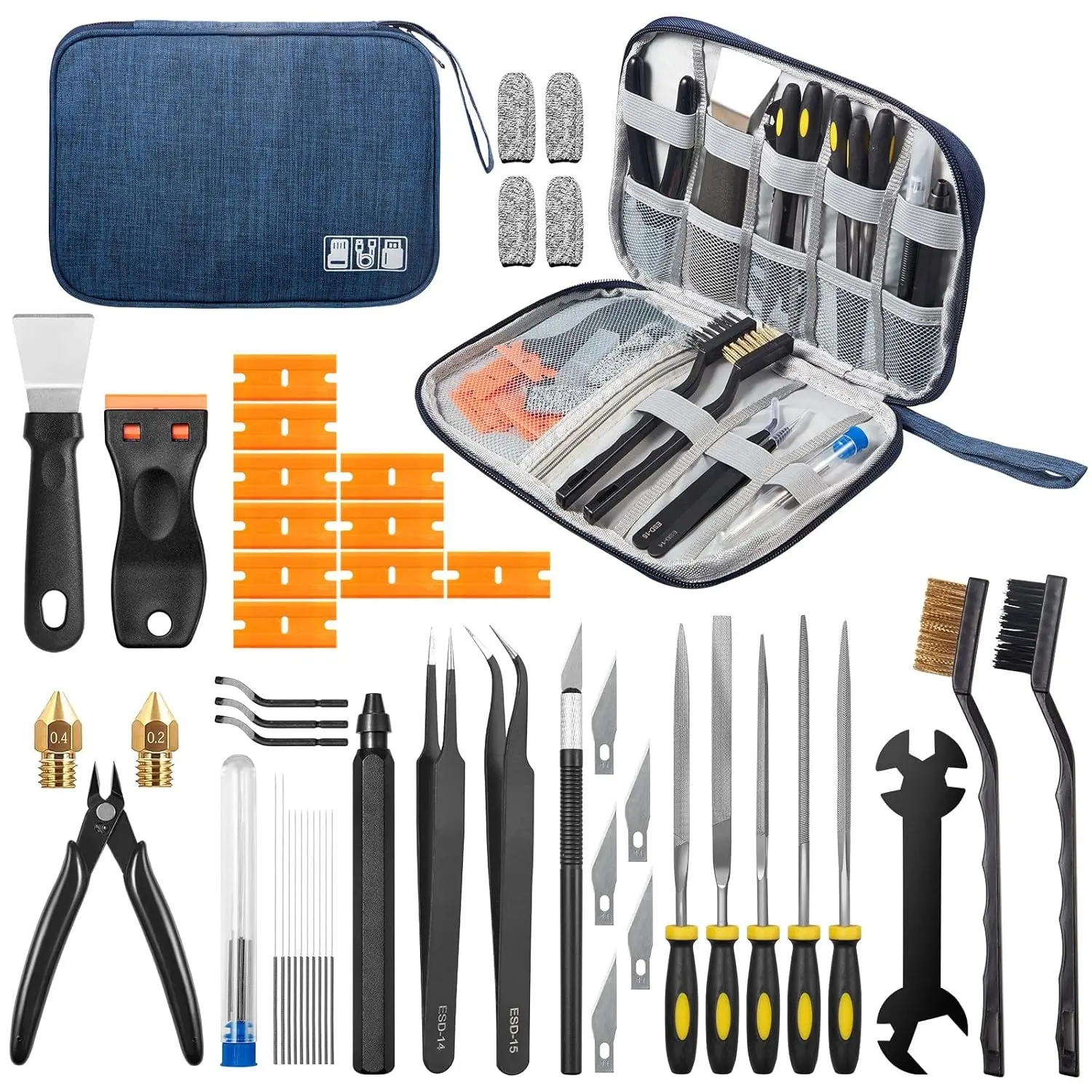 50Pcs 3D Printer Tool Kit with Storage Case, Complete Maintenance Set Including Nozzle Cleaner, Scraper, Precision Files, Brushes, Cleaning Needles, Deburring Tools, Wire Cutters for FDM SLA 3D Printing
