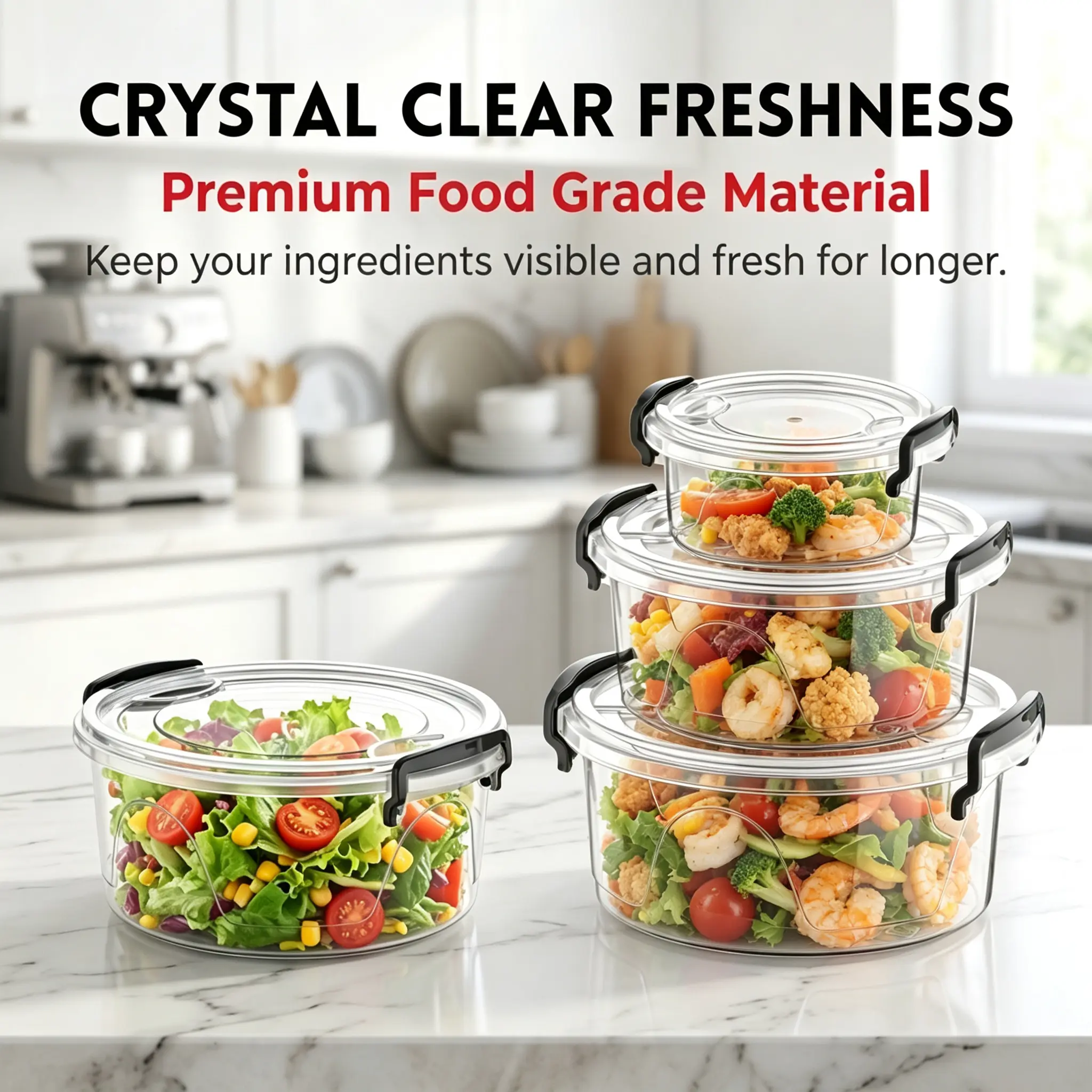 Bonny Box Round 3-Piece Plastic Food Container Set – Airtight food storage organizers with leak-proof locking lids, clear nesting lunch bowl combo for kitchen, meal prep, and pantry, 0.3L, 0.6L, 1.2L