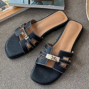 2025 Women's Silver Buckle Flat Sandals - Open-Toe Slide Mules |   French-Inspired Dressy Slippers |   Vacation-Ready Minimalist Slides Walking Shoes Girl