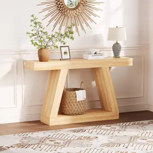 55 Inch 2-Tier Sofa Table with Open Storage Shelves Industrial Wooden Entryway Table, Farmhouse Trapezium TV Console for Living Room, Hallway, Porch, Corridor