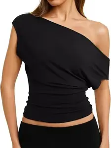 Women's Summer Y2K Style Asymmetrical One-Shoulder Top, Casual Streetwear, Elastic Waist, Fit, Plain Short Sleeve T-Shirt, All Seasons, Womenswear