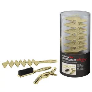 BaBylissPRO Gold Trio Mix Bucket Professional Barber Comb, Brush & Clip Set BBCKT15G