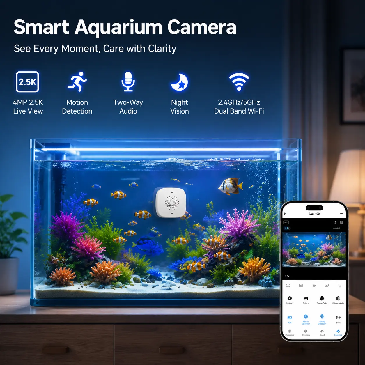 Wireless Window Security Camera 4MP 2.5K, Indoor WiFi Cameras 2.4GHz/5GHz, Motion & Person Detection with Auto-Focus , Easy Installation, 24/7 Recording Works, Magnetic Install &Close-Focus Lens for Fish,Lizard, Hamster, Chameleon, Gecko, Snakes