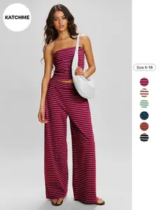 Women's Fashion Colorblock Striped Slim Fit Crop Top & High Waist Wide Leg Pants Set, Casual Summer, Ladies Clothing