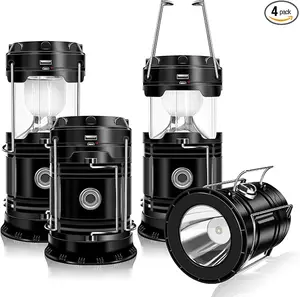 Collapsible Portable LED Camping Lantern 4-Pack - Lightweight Waterproof Solar & USB Rechargeable Flashlight for Emergency Power Outages, Hiking, Hurricane Survival Kit