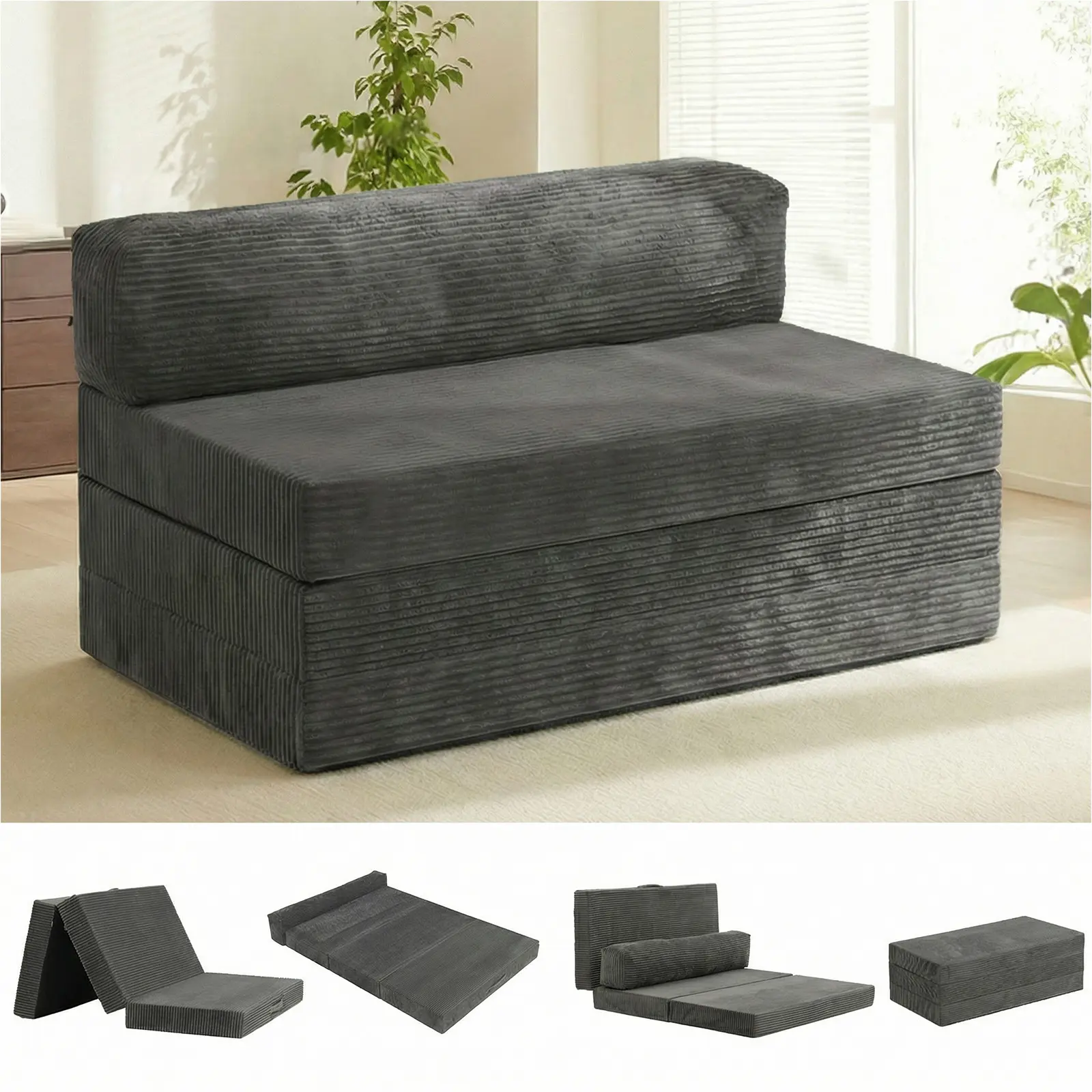 6 inch Tri-Folding Mattress Full Size, Convertible Sofa Bed Foldable Mattress with Removable Cushions & Washable Cover, Floor Mattress with High-Density Foam, Small Couch Bed, Full, Green