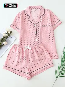Women's Mini Polka Dot Sweet Collar Short Sleeve Top with Pockets and Bow Shorts, Casual Fitted Striped Pjs Pajama Set for Home Wear