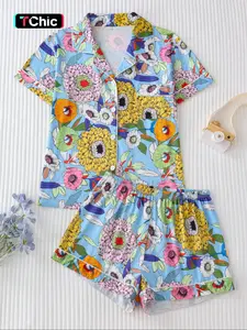 Women's Floral Print Lapel Neck Button Front Shirt & Elastic Waist Shorts Pyjama Two-piece Set, Casual Comfy Short Sleeve Pocket Top & Shorts Pj Set, Ladies Summer Sleepwear, Cute Pajama Sets Women, Pajamas, Button Closure Top
