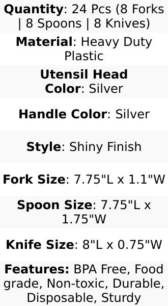 24-Pack Plastic Flatware Set 8" Silver - Modern Heavy Duty Disposable Silverware