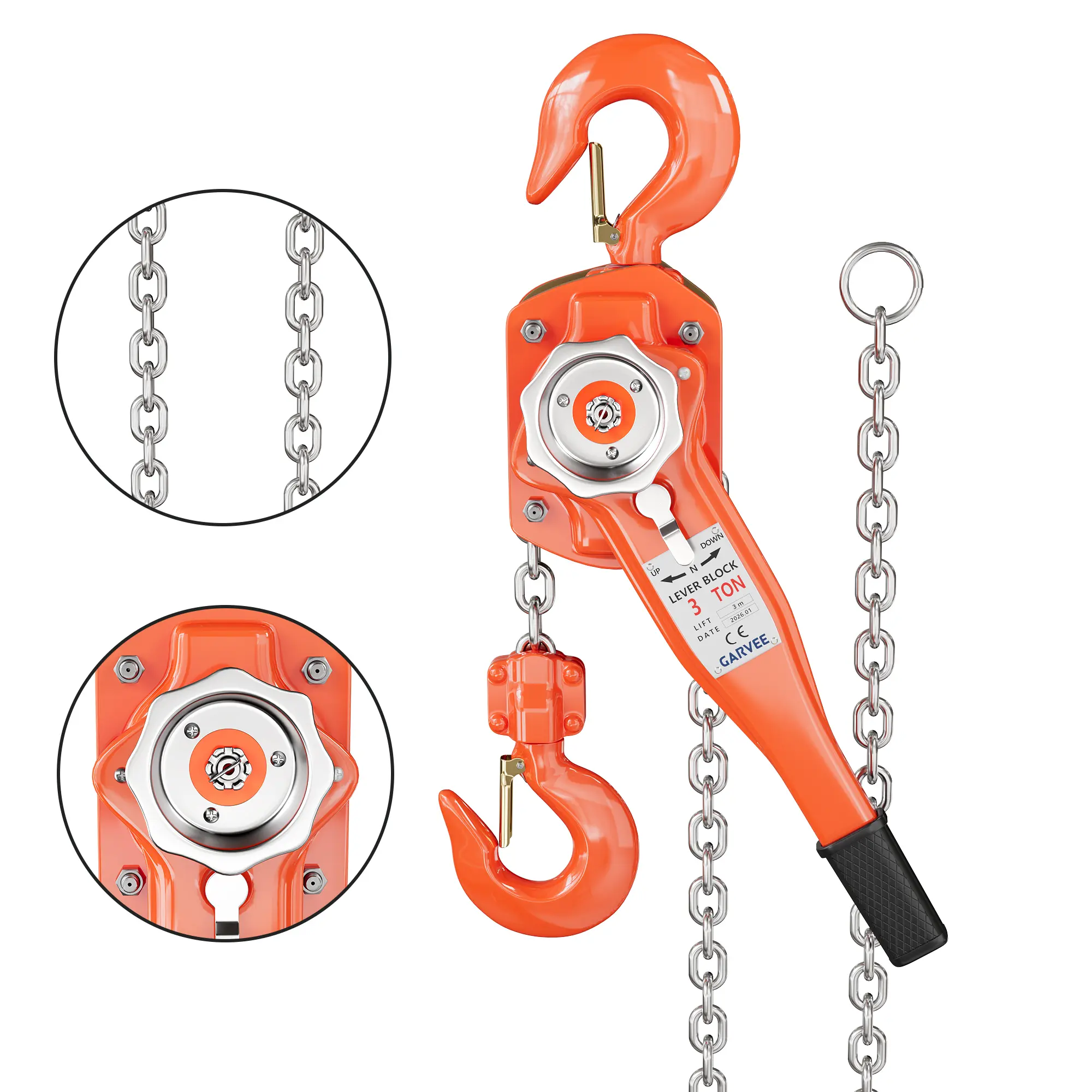 Heavy Duty Manual Lever Chain Hoist – G80 Galvanized Steel Chain – Weston Double Pawl Brake – 360° Swivel Hook – 3/4 Ton 1650 lbs to 3 Ton 6600 lbs Capacity – 10-20 ft Lift – Industrial Lifting for Construction, Warehouse, Factory, Garage, Dock