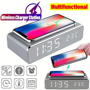 Wireless charger with LED alarm clock and thermometer three-in-one stylish control design is suitable for home or office use. Electronic Smartphone wireless charger Cellphone Cellphone wireless charger alarm clock
