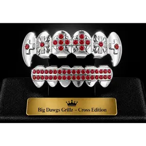 Silver Plated Upper & Lower Cross Fang Grillz Set Iced Red CZ