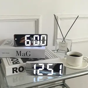Smart Alarm Clock Bedside Table LED Digital Children's Electronic Alarm Clock with Curved Screen Mirror Temperature Display USB Charging Cable Included Light Up Erasable Acrylic Message Board cordless rechargeable hood light vanity