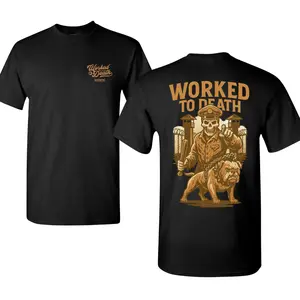 Worked to Death Shirt with Skeleton Correctional Officer and Bulldog Guard Dog, 2 Sides Vintage Prison Yard Graphic, Black Soft Cotton Blend Shirt, Bold Line Art Tee for COs, Dark Humor Gift for Men and Women