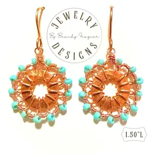 Jewelry Designs by Brandy Frazier turquoise glass seed beads. Long Dangle Beaded copper Earrings with turquoise Glass Beads dangling  earring
