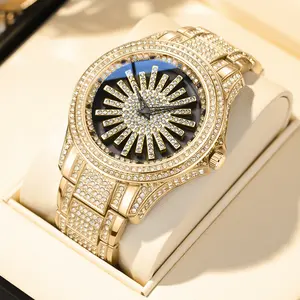 Men’s 46mm Gold Iced Out Rotating Dial Luxury High-Profile Quartz Watch, Hip Hop Full Diamond Bling Bustdown Oversized Statement Wristwatch, High-Profile Quartz Watches