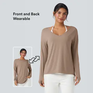 Halara Deep V-neck Long Sleeve Thumb Holes Relaxed T-Shirt-Front and Back Wearable