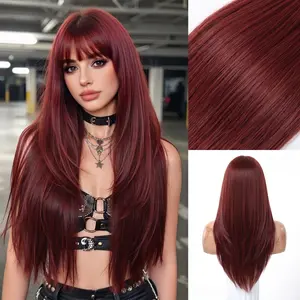 28 inch Long Straight Layered Wig with Wispy Bangs, V-Cut Synthetic Hair for Women