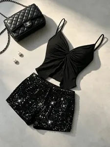 Pure Color Knot Butterfly Halter Top and Sequin Shorts Set, Sweet Cool Girl Style Slim Fit Two-Piece, Trendy Streetwear Womenswear