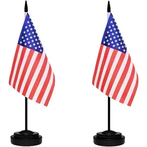 US American Deluxe Desk Table Flag Set Small Mini Miniature USA Table Desktop Flags With Solid Pole, Black Base and Spear Top(2 Pack)