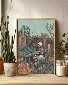 Skeleton Playing Piano Graveyard Scene Wall Art Halloween Spooky Cemetery Decor Poster Creepy Musical Prints Frameless