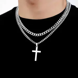 Layered Cross Necklace for Men Boys Stainless Steel Layered Cuban Link Chain 16-24 inch Christian Cross Pendant