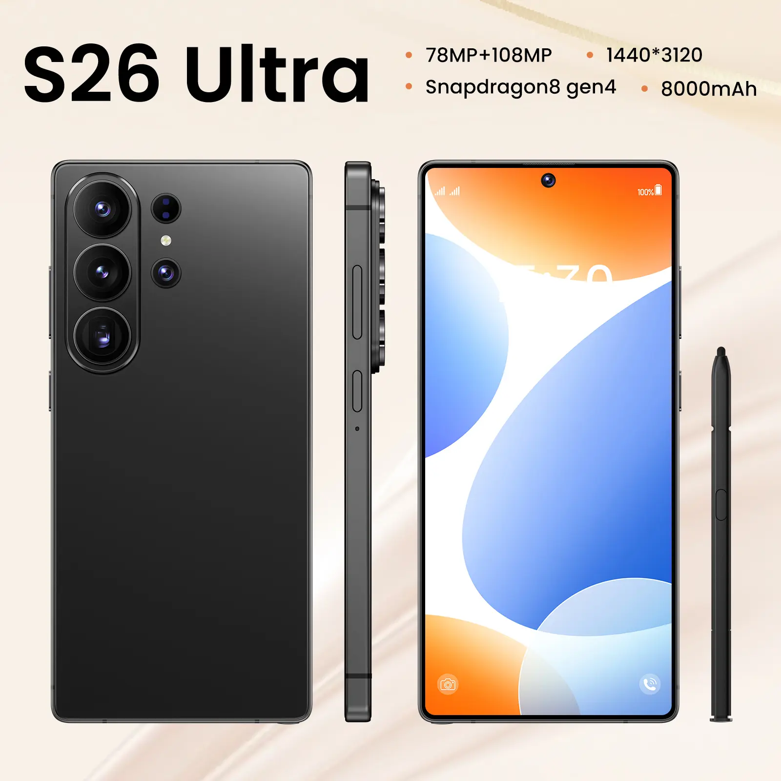 2026 Upgraded S26 Ultra 5G Unlocked Phone | 12GB+512GB | Android 15 | 6.99" HD Screen | 78MP+108MP Camera | 8000mAh | Built-in Pen | Dual SIM