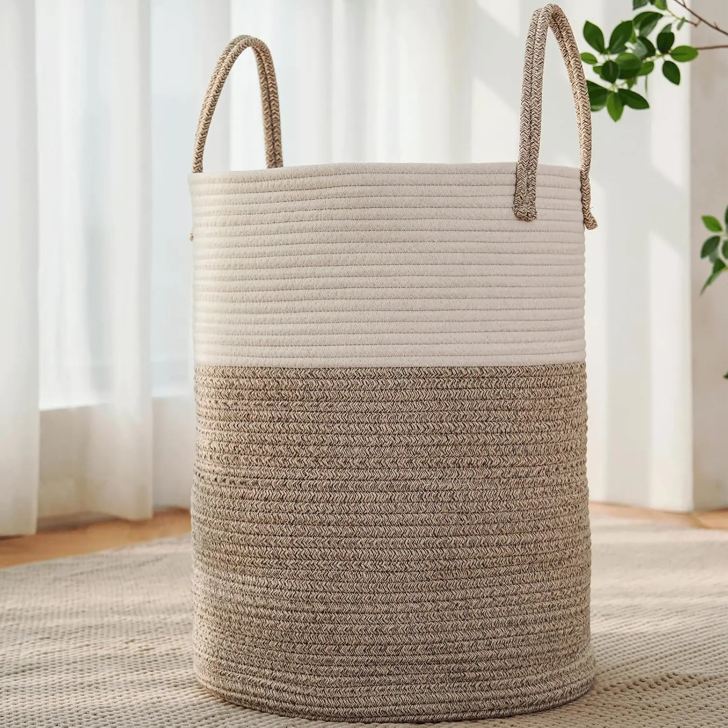 Jmvicyroam Large Woven Laundry Basket Hamper,60L Cotton Rope Storage Bin for Blankets,Toys and Clothes,Decorative Tall Nursery Hamper for Living Room,Baby Nursery,Bathroom and Bedroom,Brown JMvicyroam