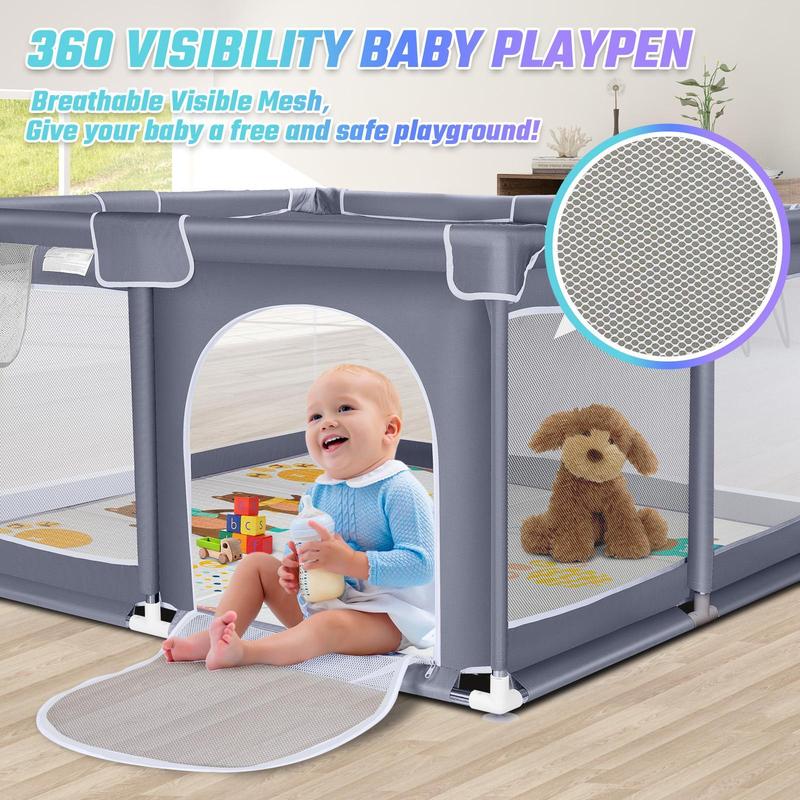 Baby Playpen with Anti-Slip Mat, Indoor&Outdoor Playard Kids Activity Center with Gate, Sturdy Safe Baby Fence for Infants & Toddlers, 2 Pull Rings for Baby Standing & Walking Learning