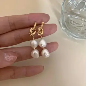 Retro Long Knotted Earrings Natural Baroque Pearl Stud Earrings for Women