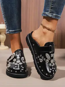 Women's fashionable rivet personality black wedge and platform loafers, punk style metal eyelets decoration, round headed mule shoes