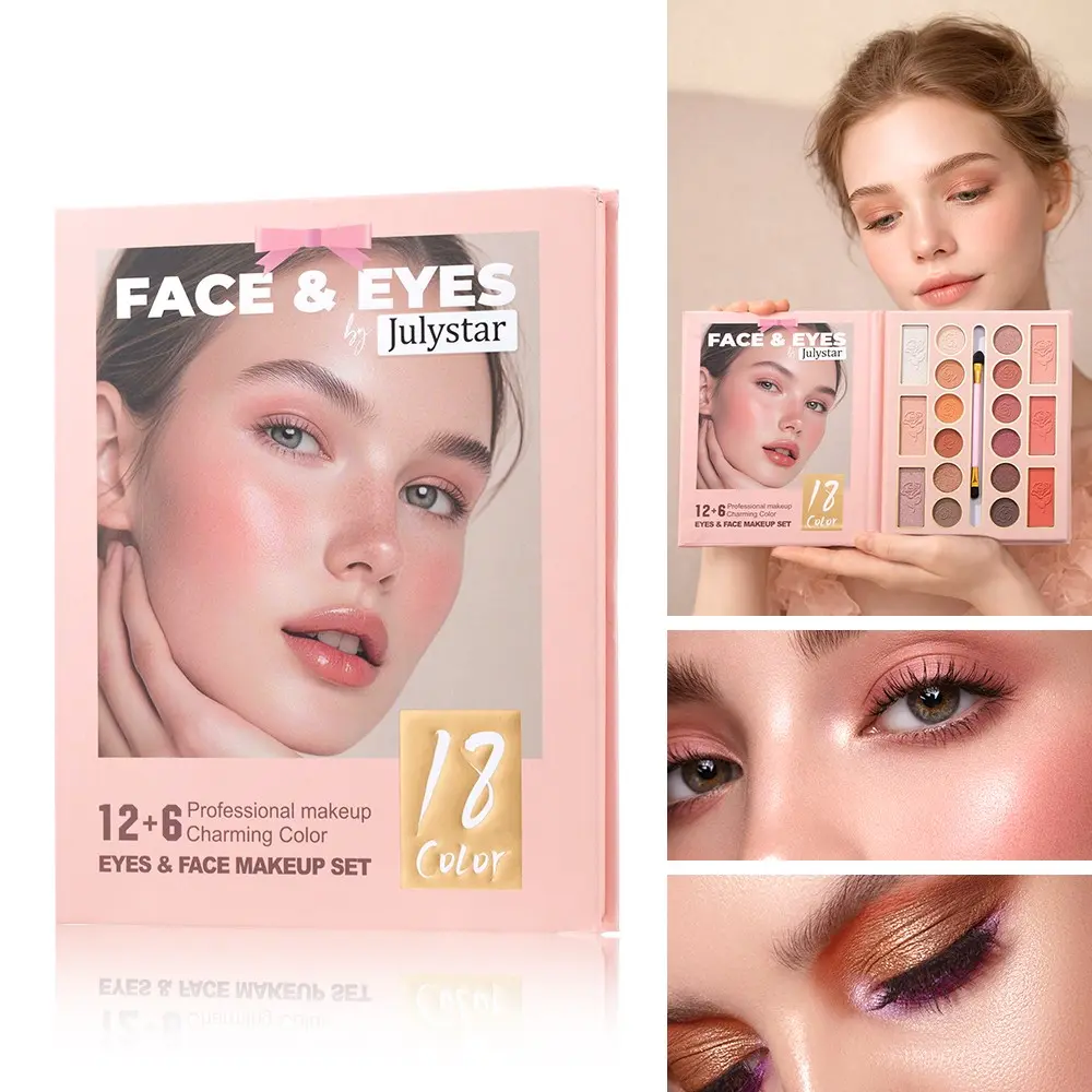 Romantic Pink Floral All-in-One Makeup Palette, 12 Eyeshadow + 6 Face Powders (Blush & Highlighter), Long-Wearing Waterproof Formula, Included Brush for Easy Application, Ideal for Beginners & Makeup Lovers
