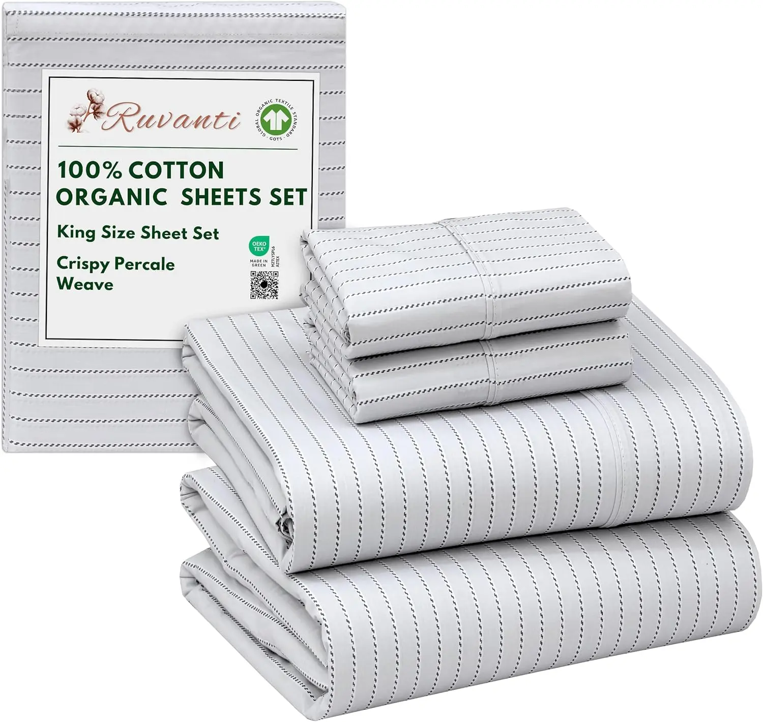RUVANTI 100% Cotton Organic Percale Sheets King Size – Crisp Cooling Bed Sheets for Hot Sleepers, Deep Pocket 15”, Soft Peach Finish, Breathable & Durable Hotel-Style 4 Pcs, Construction Line, Queen, Twin