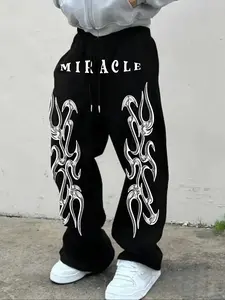 Men's Casual Sporty Long Pants, Miracle Lightning Print Drawstring Wide Leg Joggers, All-Season Loose-Fit Men's Clothing