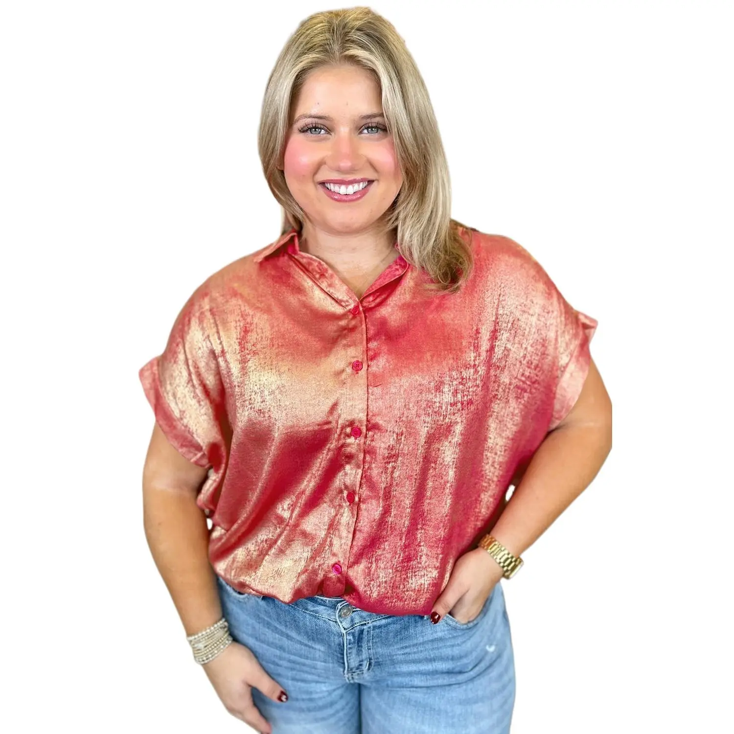 Plus Size Women's Rose Red Metallic Sheen Short Sleeve Button Up Shirt